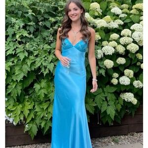 V-NECK BLUE BEADED BACK TIE A-LINE LONG DRESS